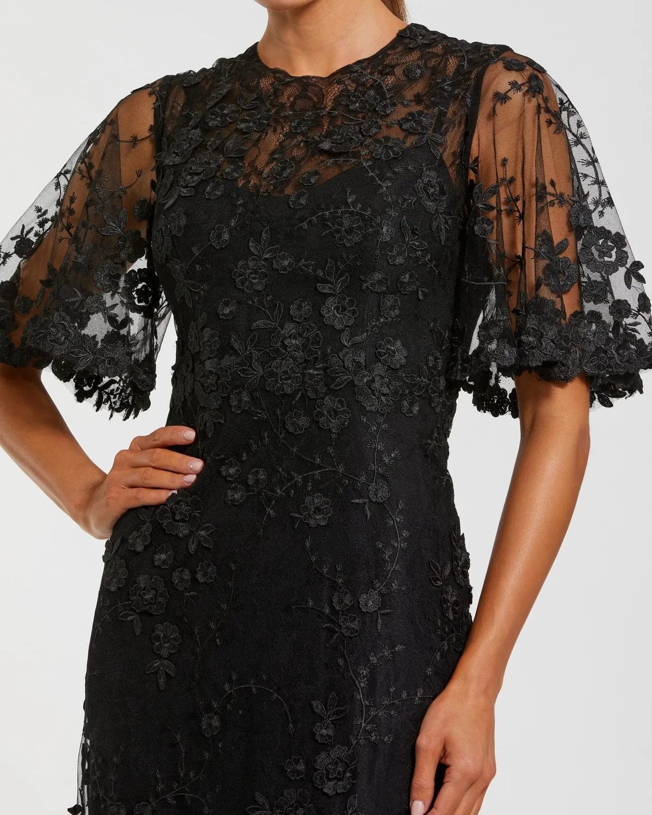 Black Flutter Sleeve Floral Embroidered Net Gown - Image 2