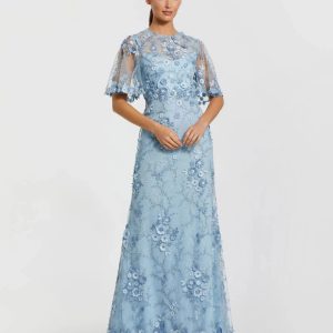 Blue Flutter Sleeve Floral Embroidered Net Gown