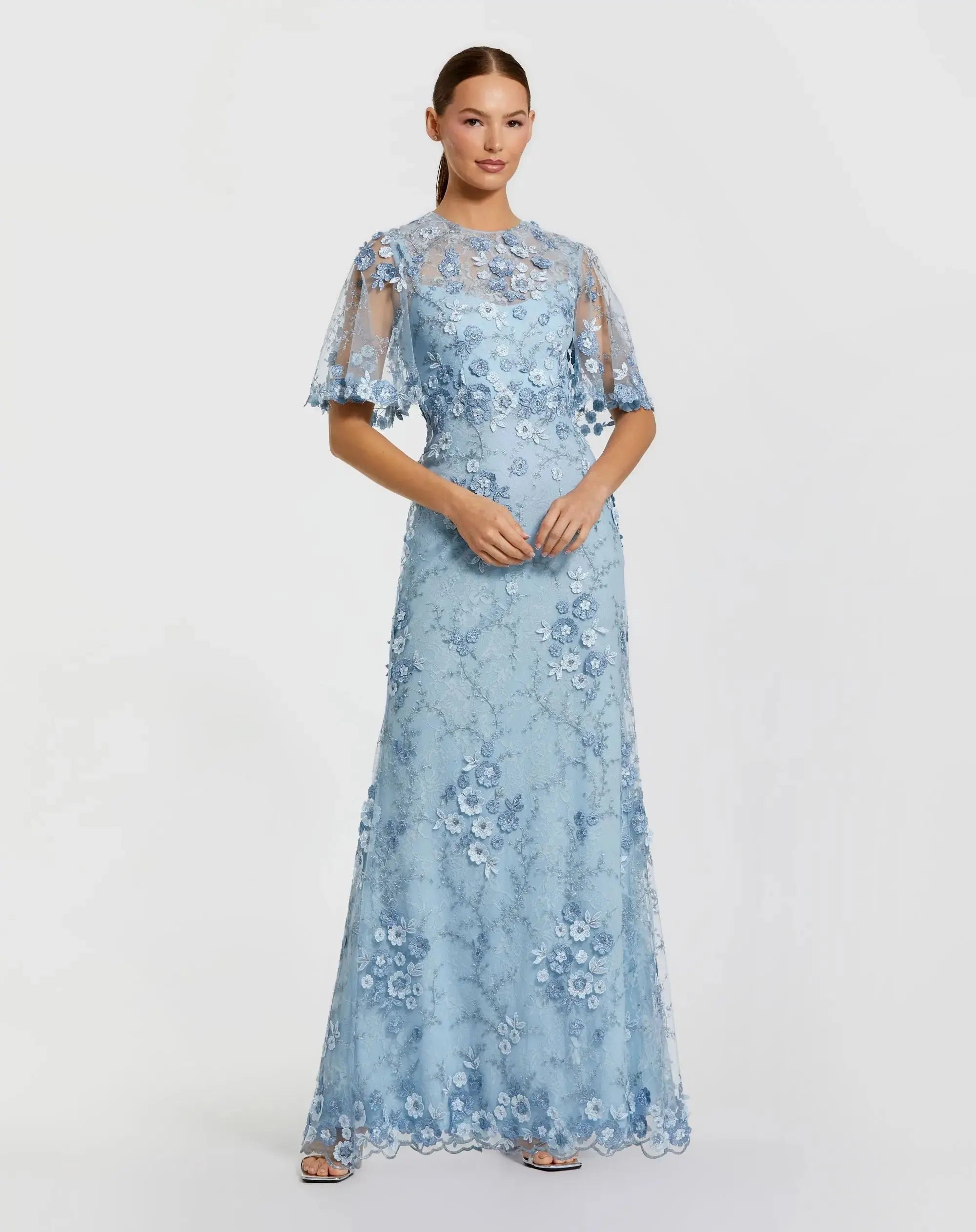 Floral Lace Gown with Sheer Flutter Sleeves - Image 4