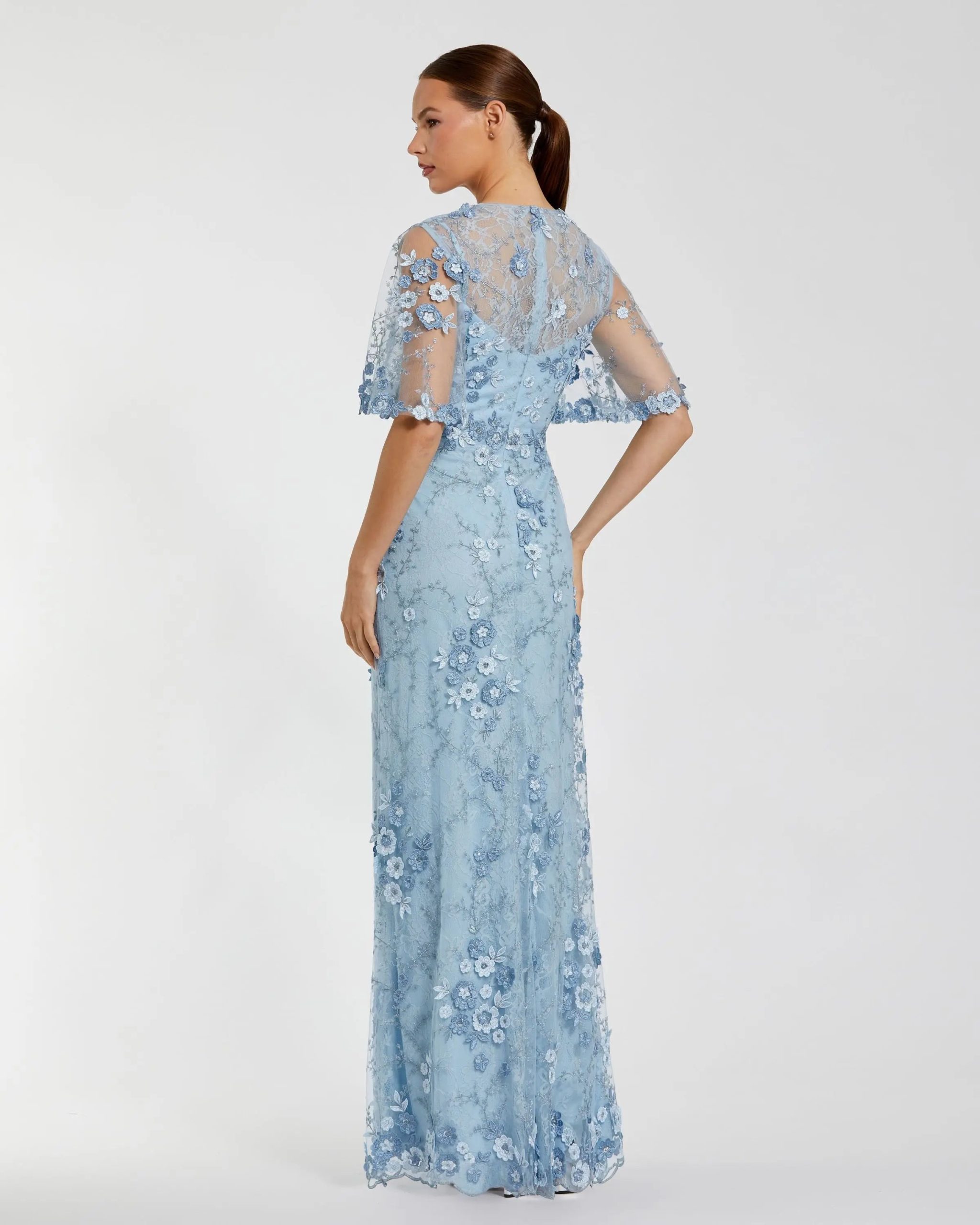 Blue Flutter Sleeve Floral Embroidered Net Gown - Image 3