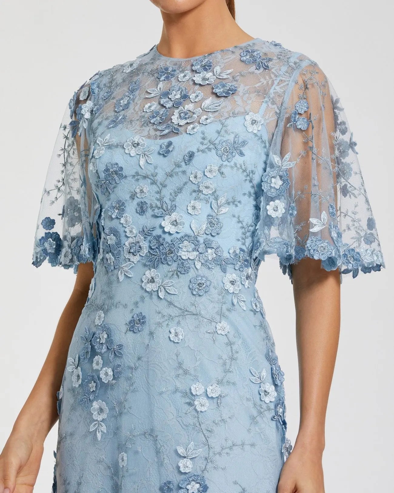 Blue Flutter Sleeve Floral Embroidered Net Gown - Image 2