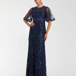 Navy Flutter Sleeve Floral Embroidered Net Gown