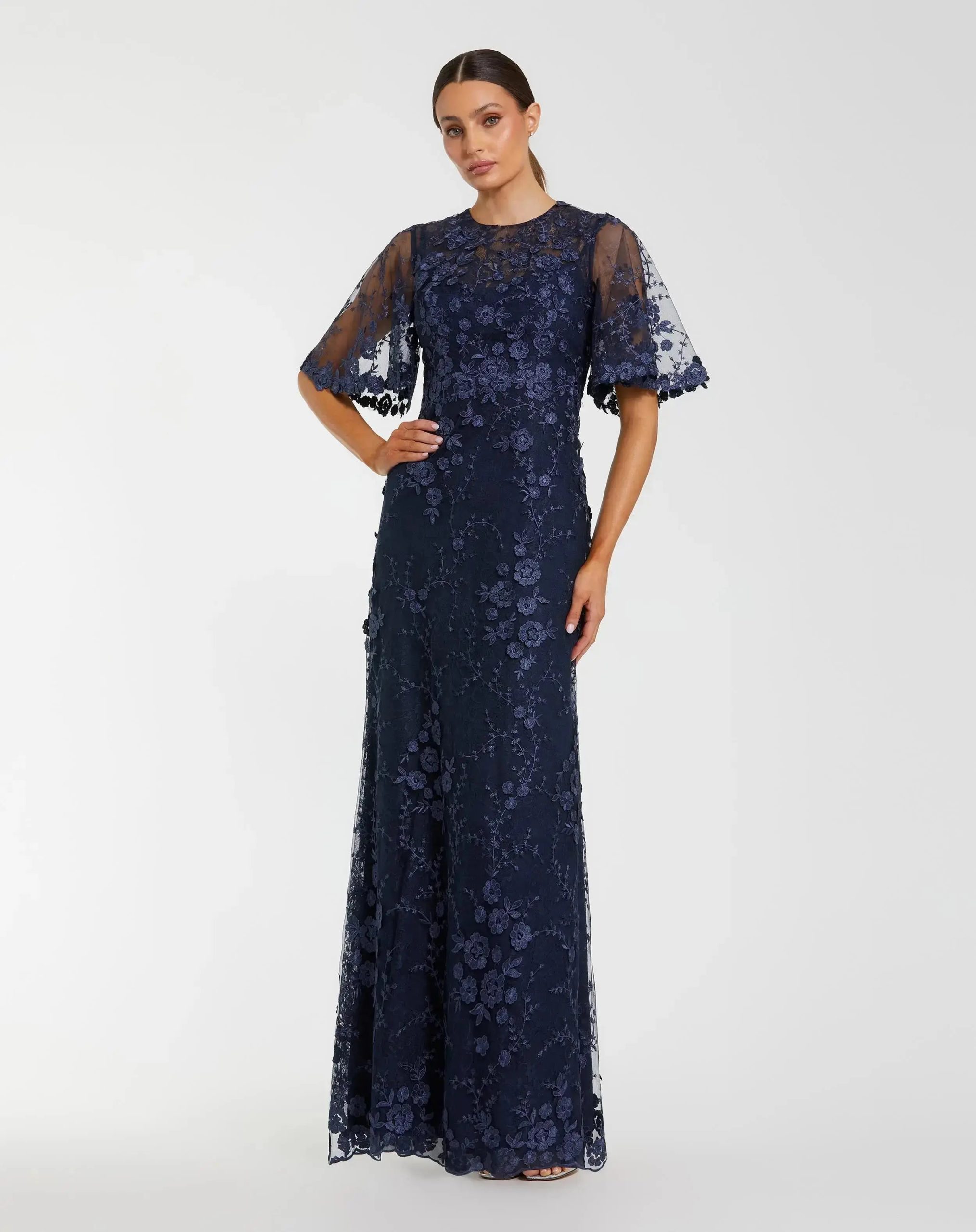 Floral Lace Gown with Sheer Flutter Sleeves - Image 6
