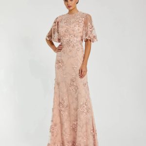 Pink Flutter Sleeve Floral Embroidered Net Gown