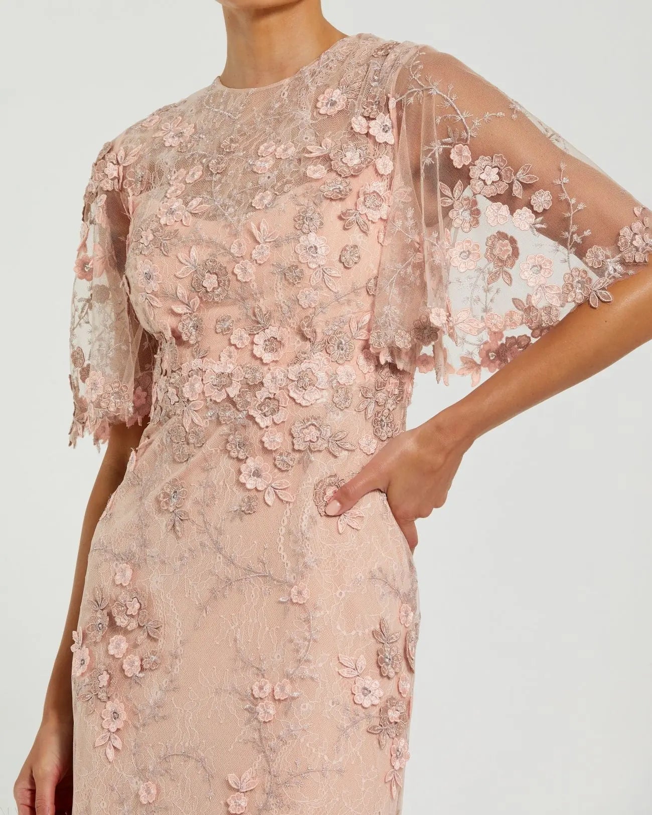 Pink Flutter Sleeve Floral Embroidered Net Gown - Image 2