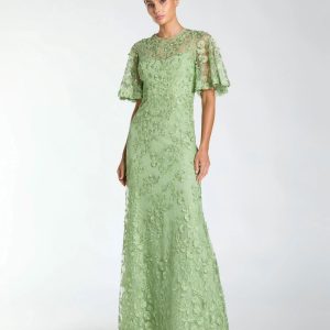 Green Flutter Sleeve Floral Embroidered Net Gown