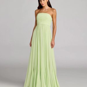 Green Strapless Chiffon Gown With Braided Belt