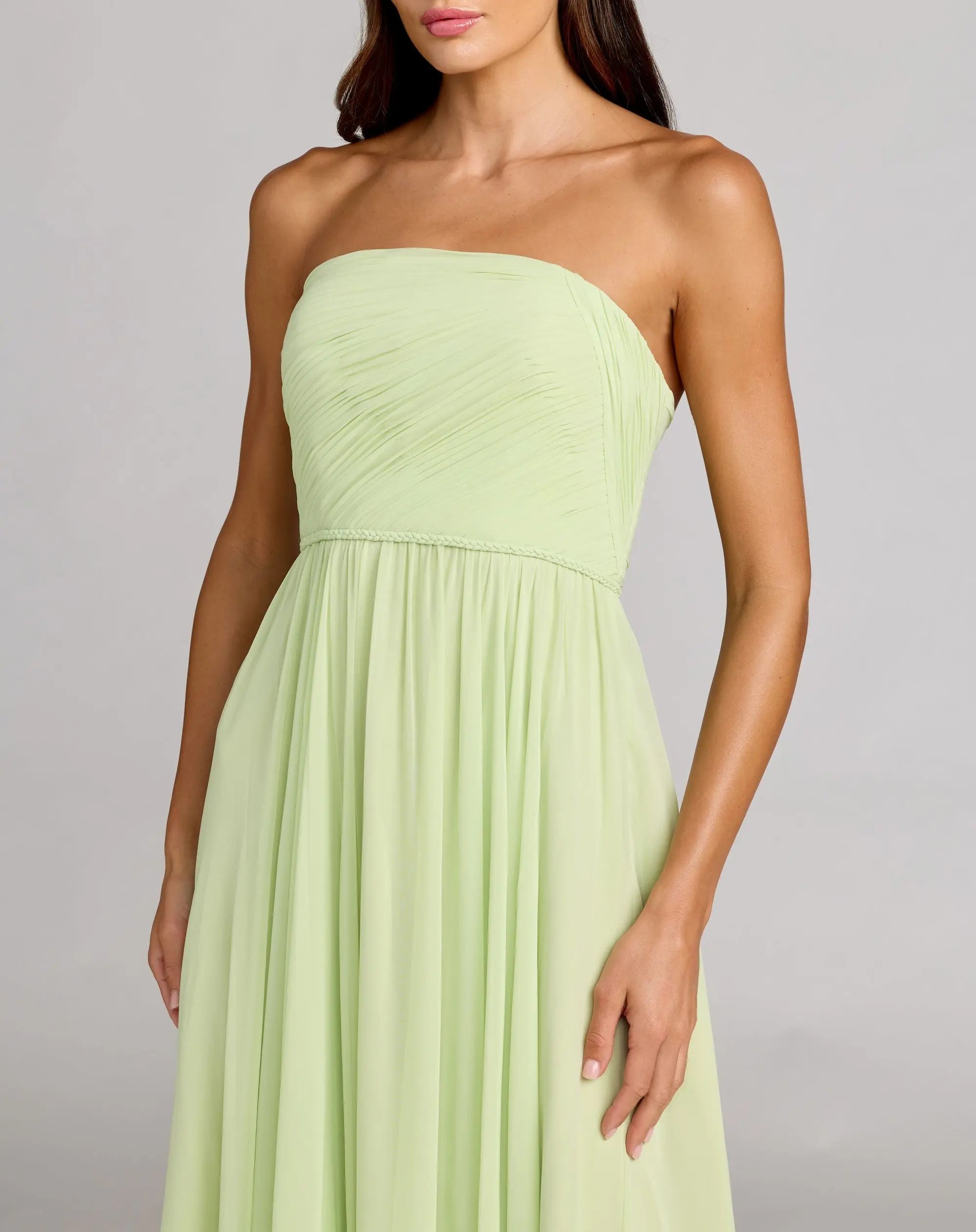 Green Strapless Chiffon Gown With Braided Belt - Image 2