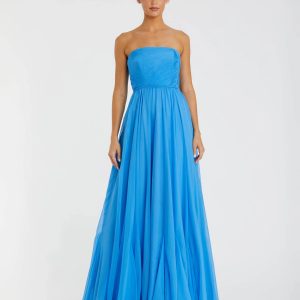 Blue Strapless Chiffon Gown With Braided Belt