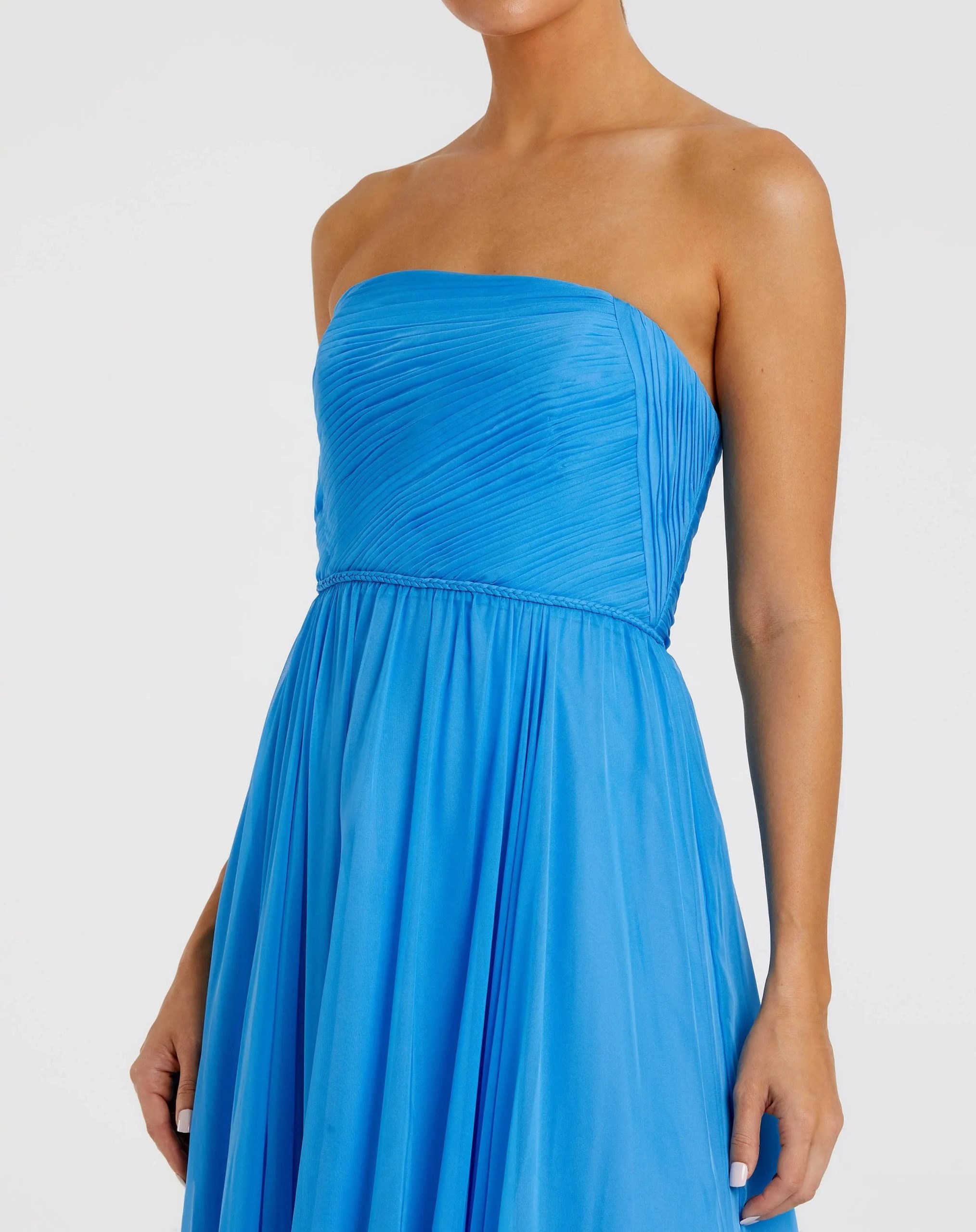 Blue Strapless Chiffon Gown With Braided Belt - Image 2
