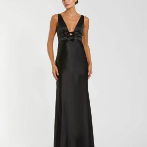 Black Sleeveless V Neck Satin Gown With Bow Details