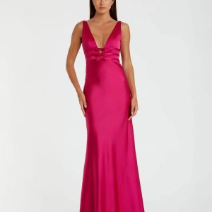 Hot Pink Sleeveless V Neck Satin Gown With Bow Details