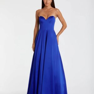 Blue Satin Strapless Ballgown With Bow Details
