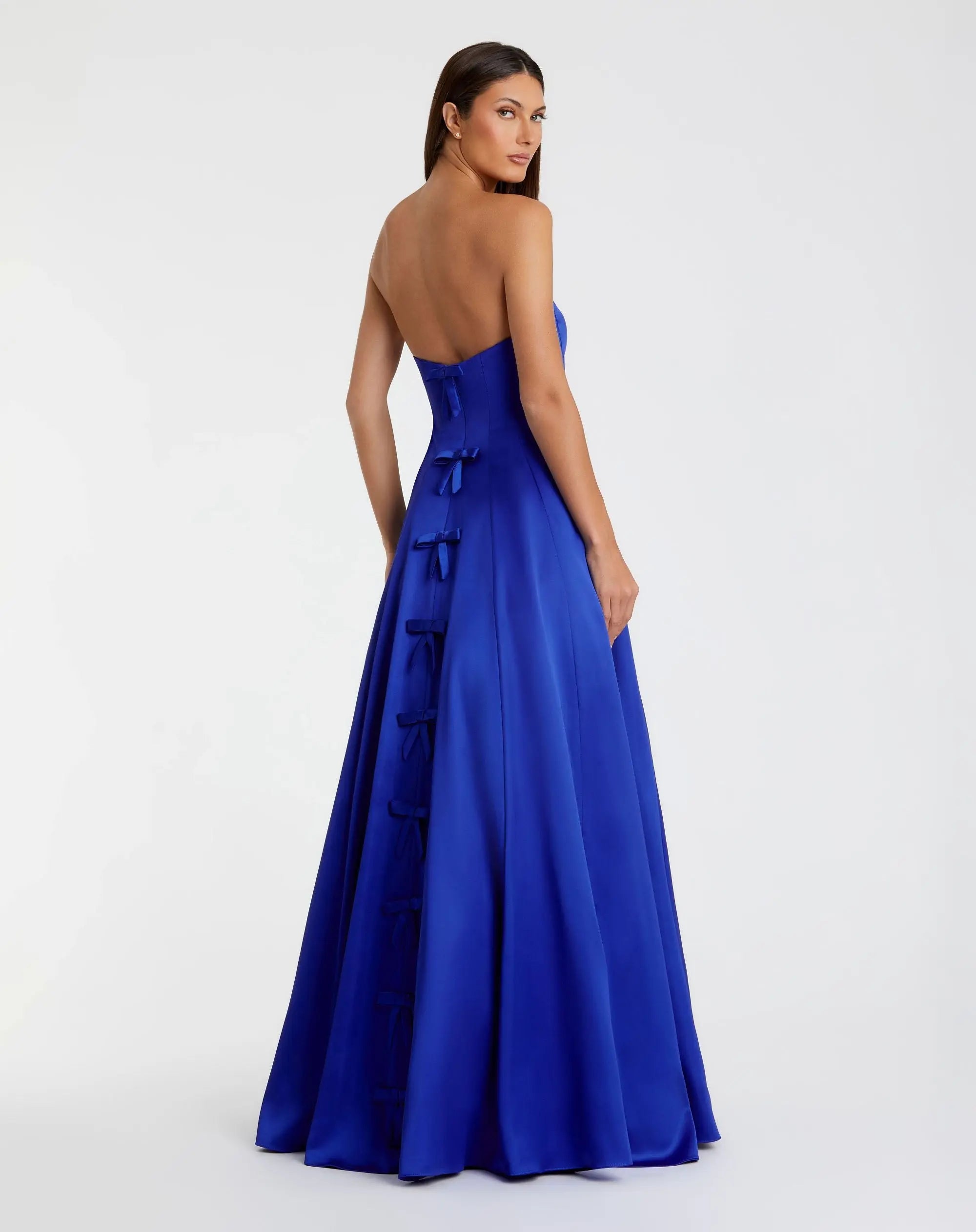 Blue Satin Strapless Ballgown With Bow Details - Image 3