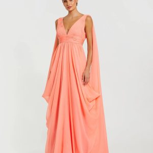 Pink V-Neck A-Line Chiffon Gown with Draped Details