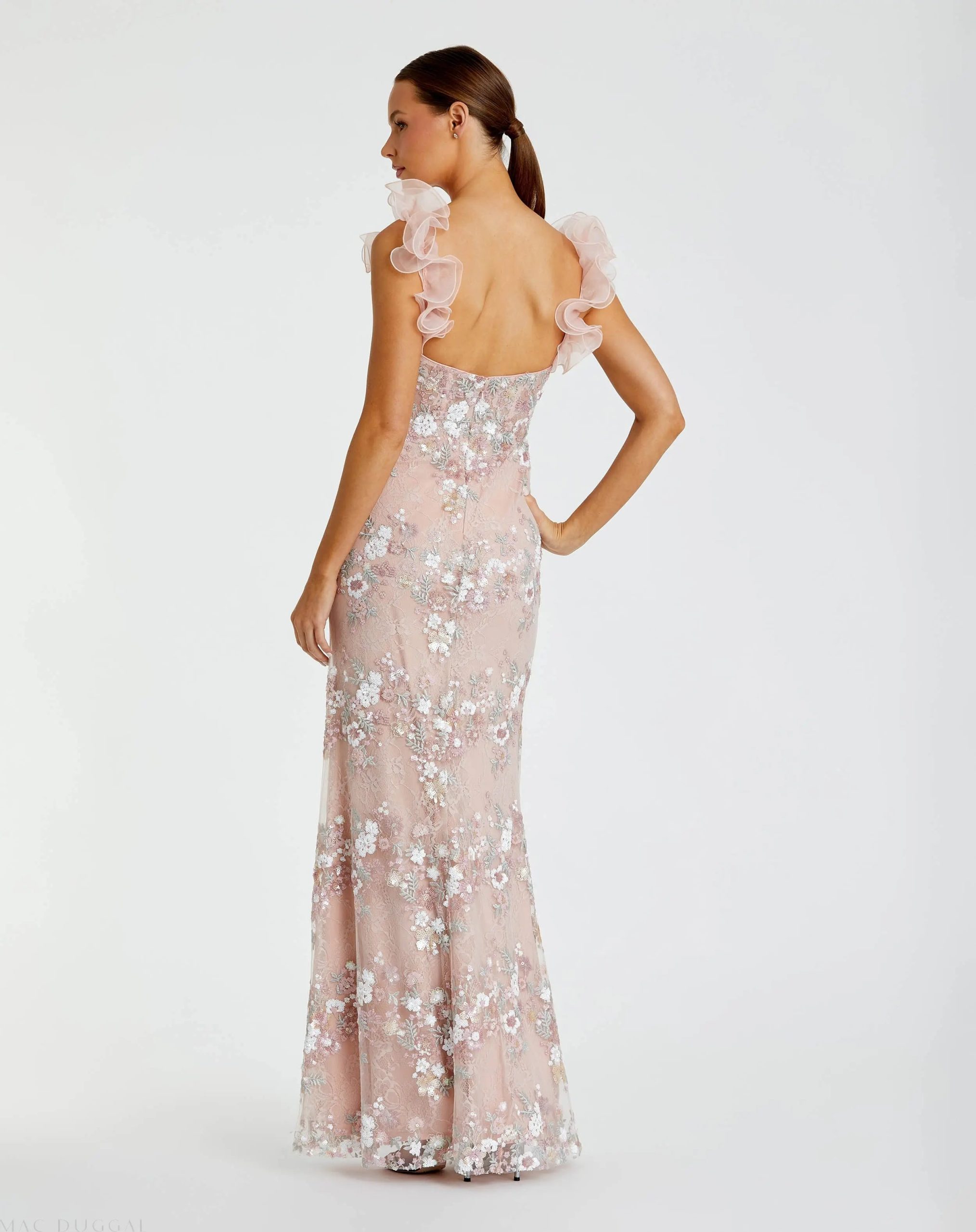 Pink Embroidered Lace Floral Gown with Ruffle Straps - Image 3