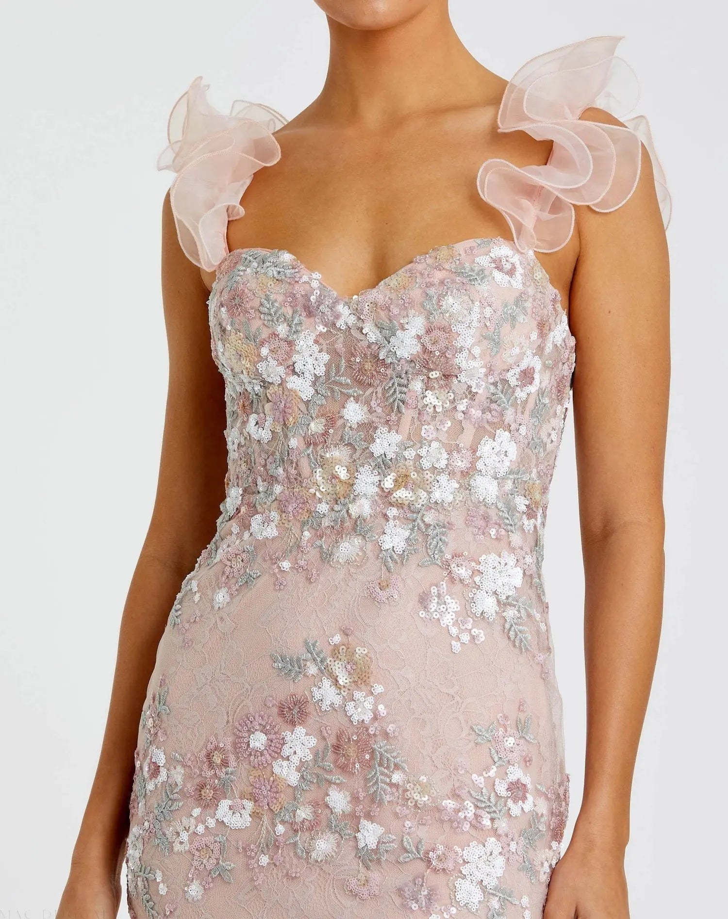 Pink Embroidered Lace Floral Gown with Ruffle Straps - Image 2