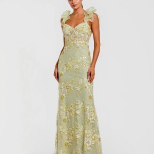 Green Embroidered Lace Floral Gown with Ruffle Straps