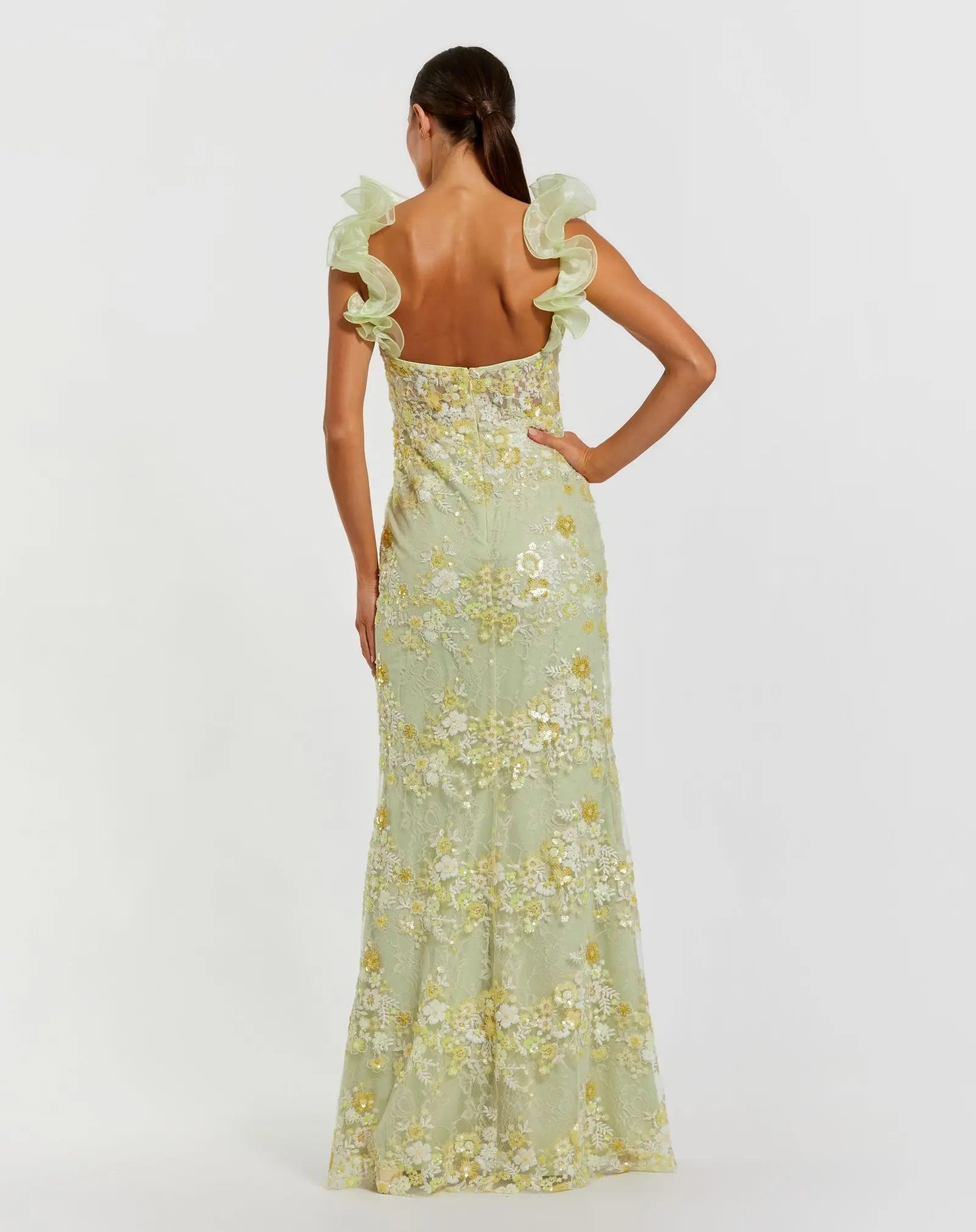 Green Embroidered Lace Floral Gown with Ruffle Straps - Image 3