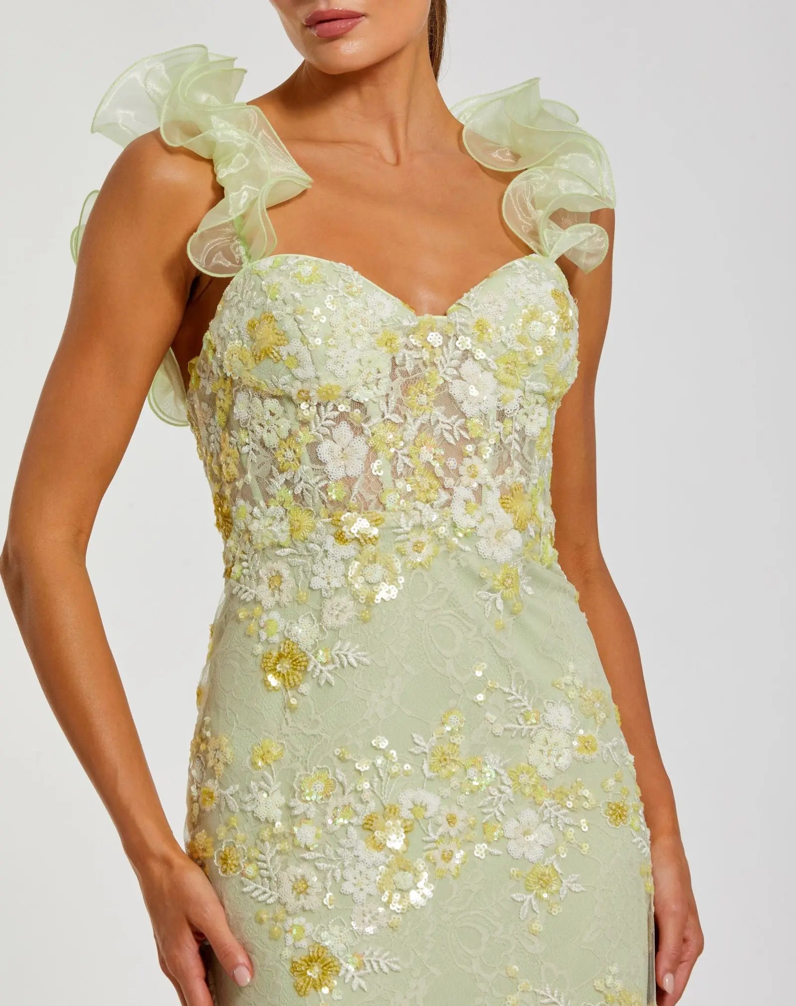 Green Embroidered Lace Floral Gown with Ruffle Straps - Image 2