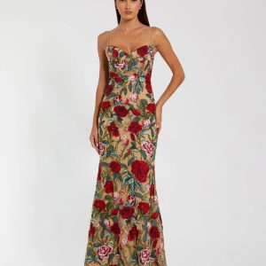 Beige Multicolor Embroidered Spaghetti Strap Floral Gown
