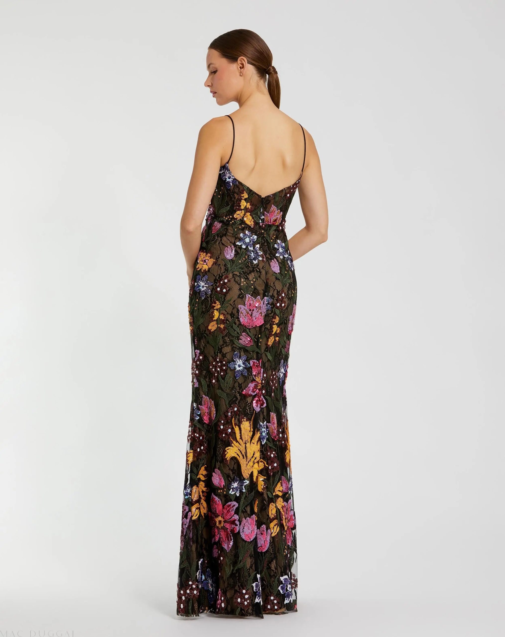 Black Multicolor Floral Embroidered Trumpet Gown - Image 3