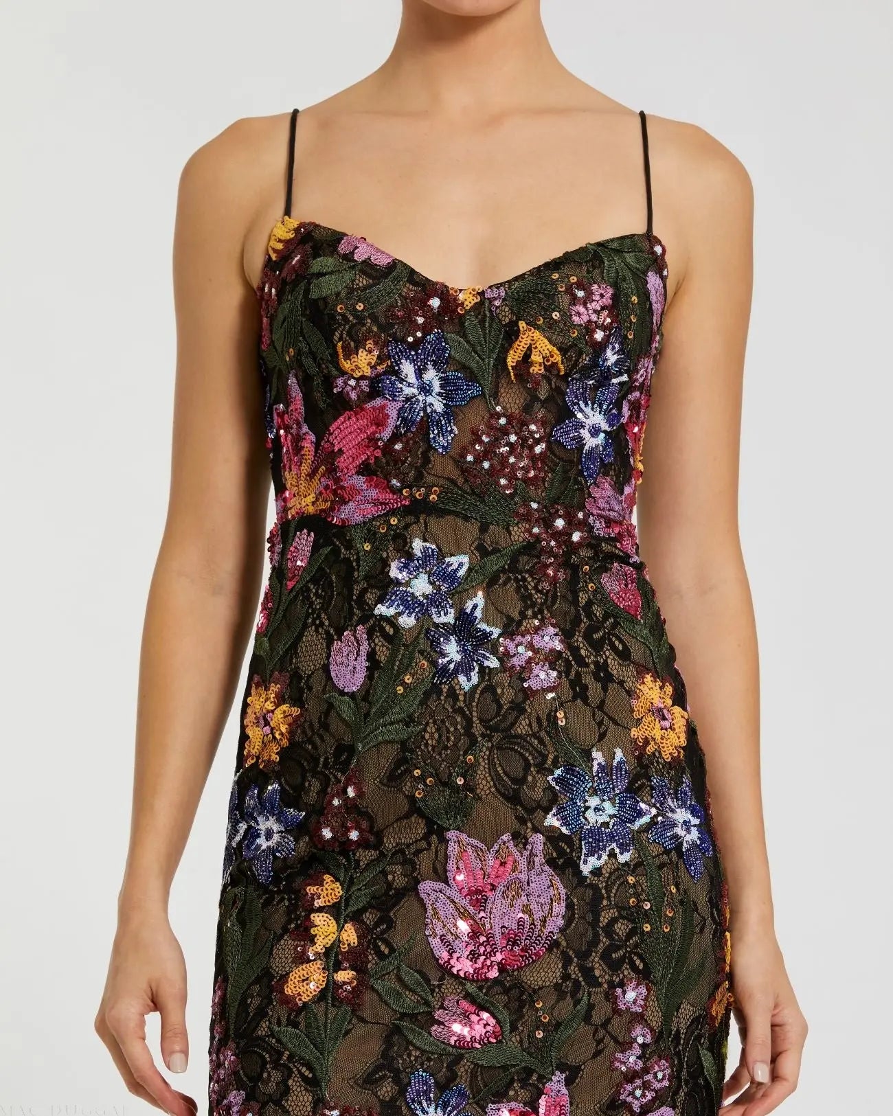 Black Multicolor Floral Embroidered Trumpet Gown - Image 2