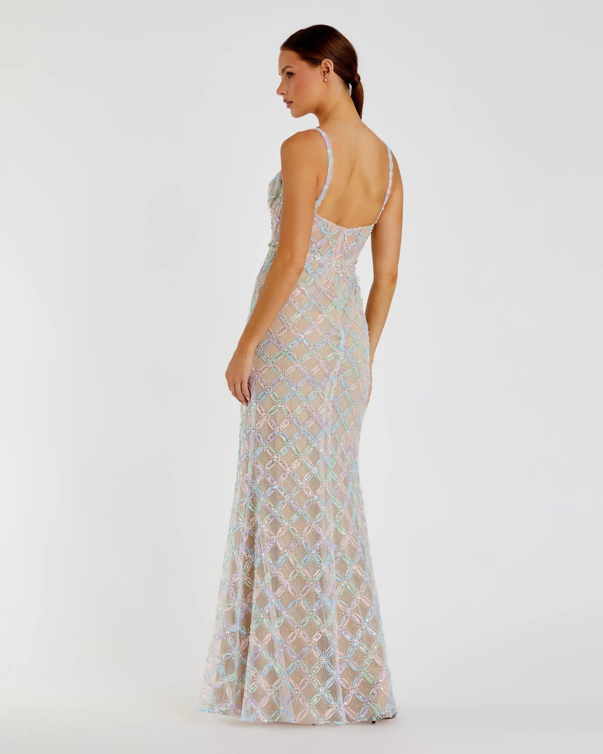 Beige Multicolor Pearl Embellished Bustier Column Gown - Image 3
