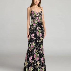Black Embellished Bustier Floral Trumpet Gown