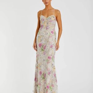 Ivory Embellished Bustier Floral Trumpet Gown