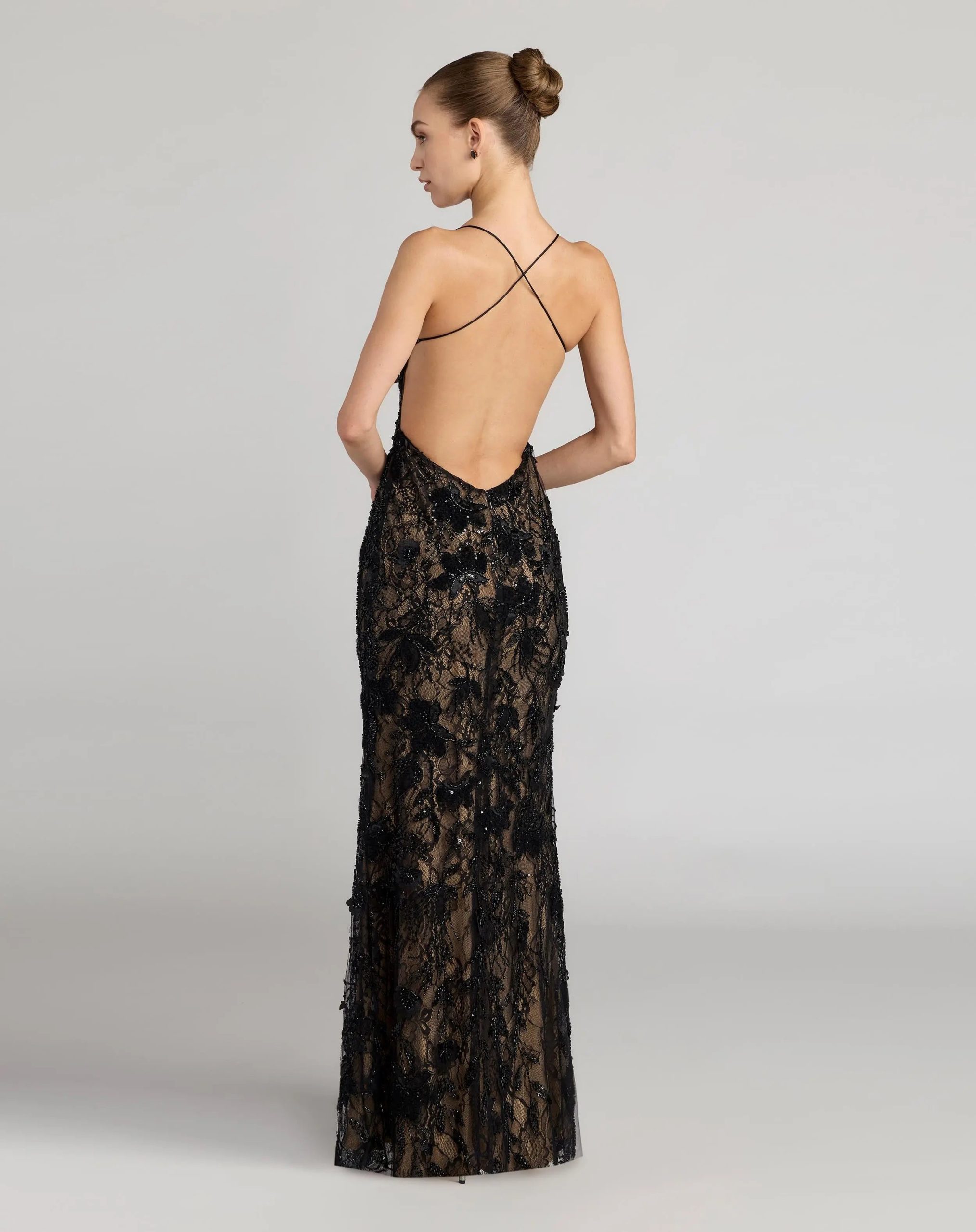 Black Sleeveless Embellished Open Back Column Gown - Image 4