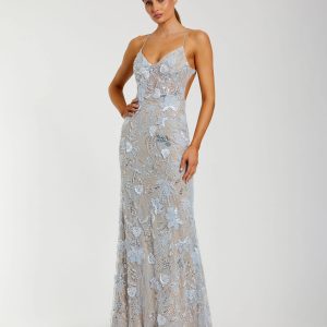 Blue Sleeveless Embellished Open Back Column Gown