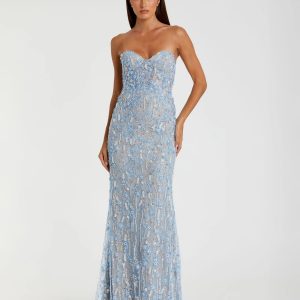 Blue Embellished Lace Strapless Bustier Gown