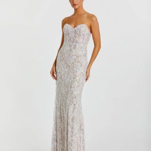 Ivory Embellished Lace Strapless Bustier Gown