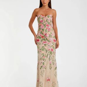 Beige Floral Embroidered Strapless Bustier Gown