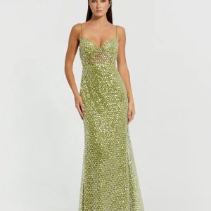 Green Embellished Bustier Column Gown