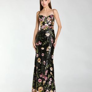 Black Sleeveless Bustier Floral Applique Gown