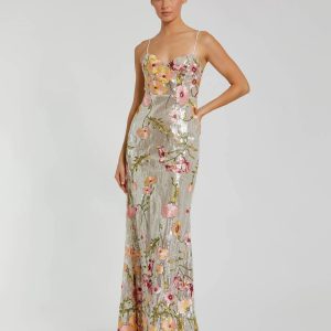 Silver Sleeveless Bustier Floral Applique Gown