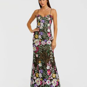 Black Floral Embroidered Sleeveless Bustier Gown