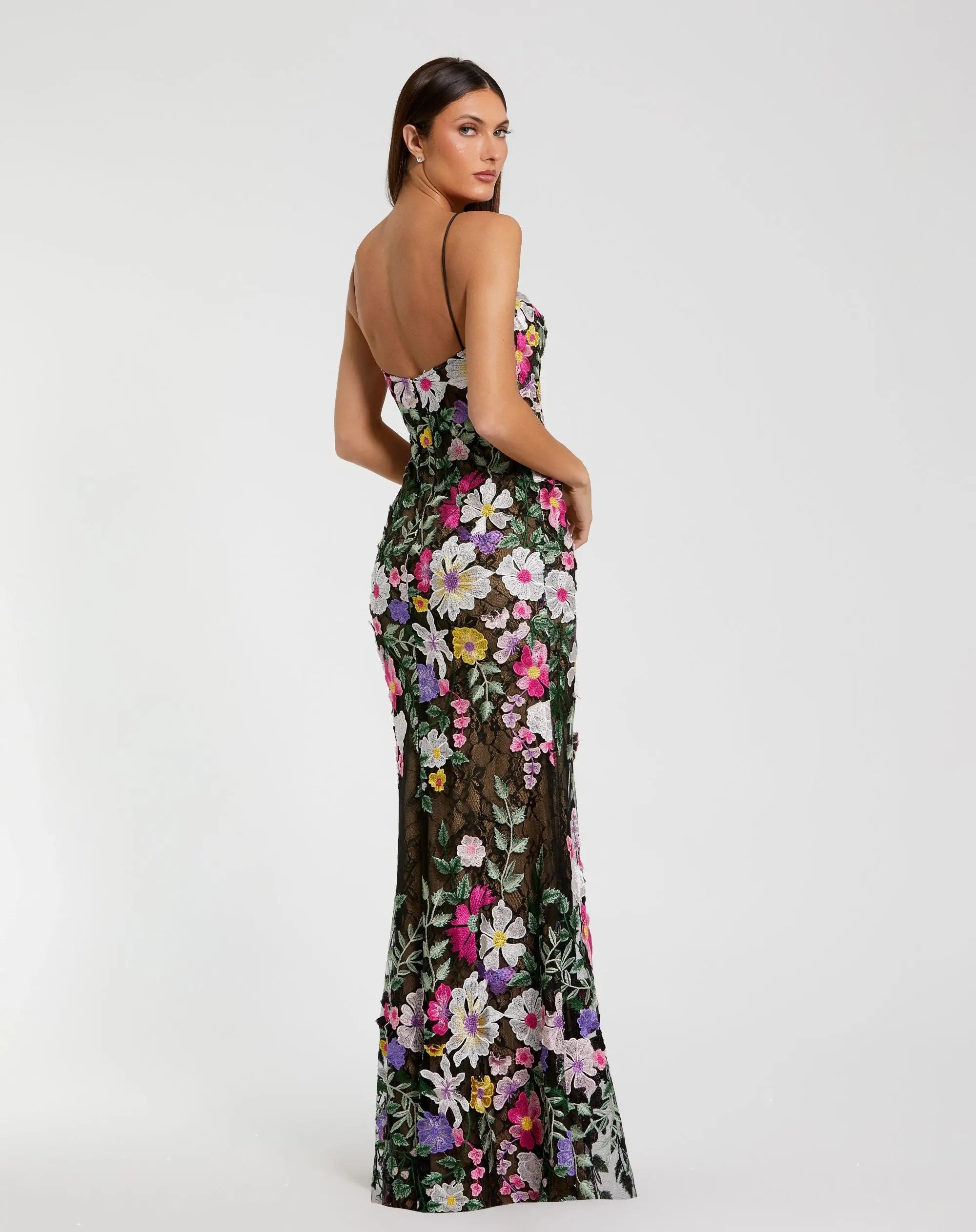 Black Floral Embroidered Sleeveless Bustier Gown - Image 3