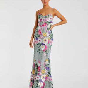 Petite Green Floral Embroidered Sleeveless Bustier Gown