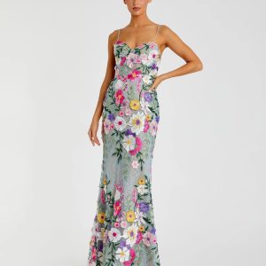 Green Floral Embroidered Sleeveless Bustier Gown
