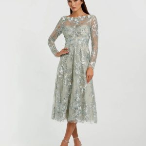Blue Embellished Illusion Long Sleeve Midi Dress