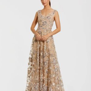 Beige Floral Embroidered Sleeveless V Neck Gown