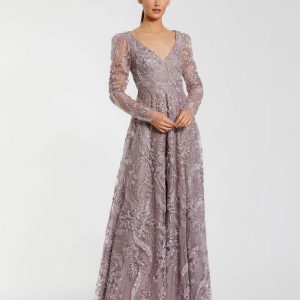 Purple Embroidered Long Sleeve V Neck Gown