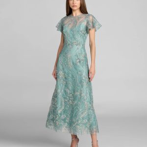 Blue Embroidered Flutter Sleeve Midi Dress