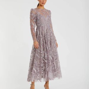 Purple Floral Embroidered High Neck Long Sleeve Dress