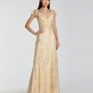 Gold V Neck Flutter Sleeve Embroidered Lace Gown