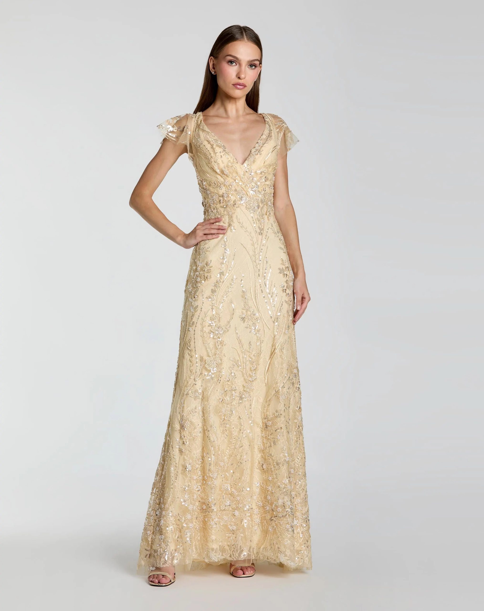 Gold V Neck Flutter Sleeve Embroidered Lace Gown