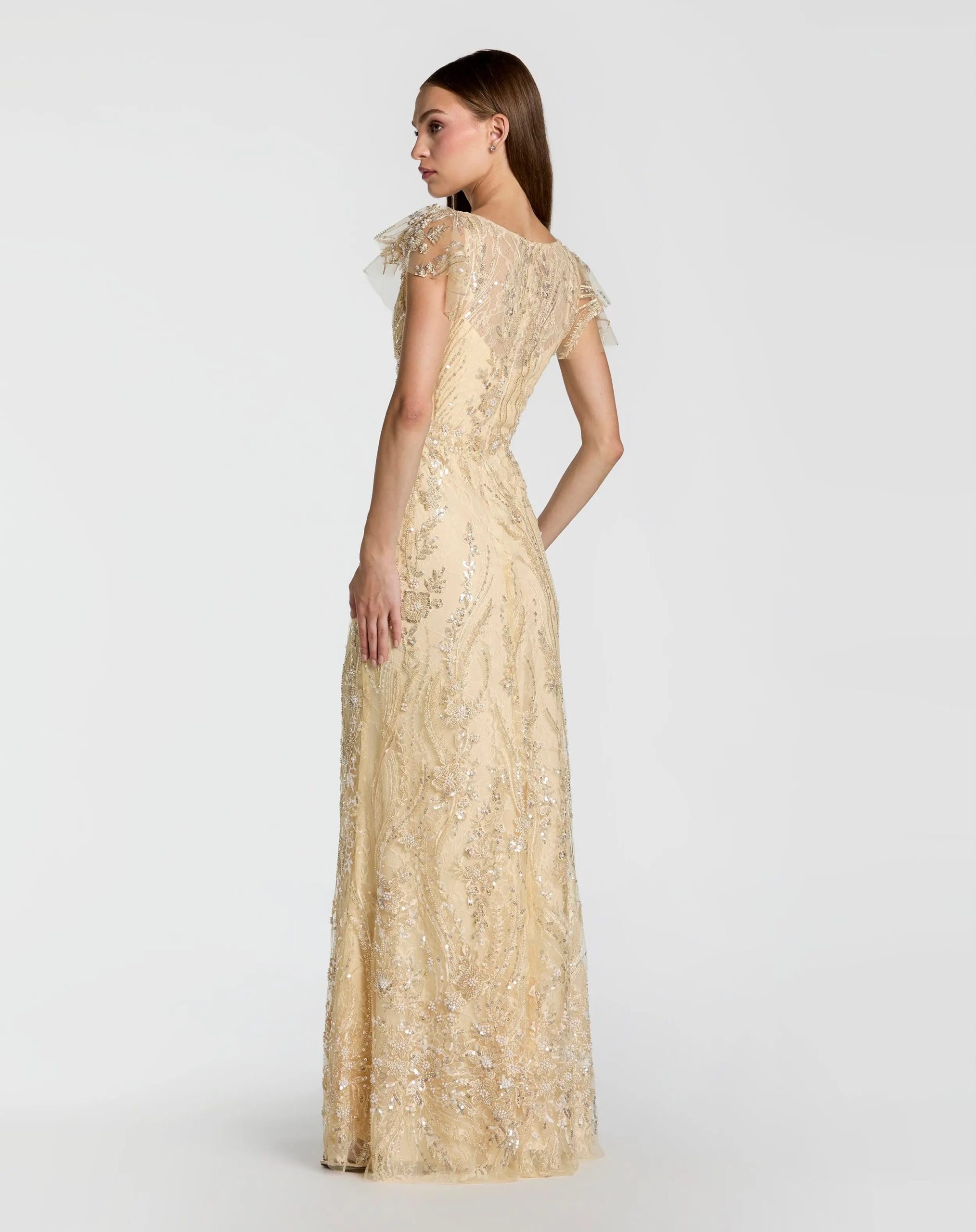 Gold V Neck Flutter Sleeve Embroidered Lace Gown - Image 3